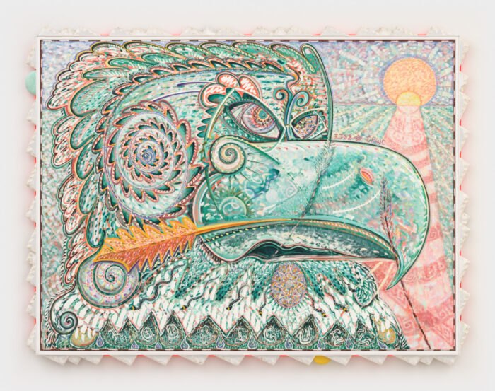 Daniel Rios RodriguezReincarnation of a Lovebird, 2022-23 Oil, acrylic, rope, wood, and foil 86 x 114 inches